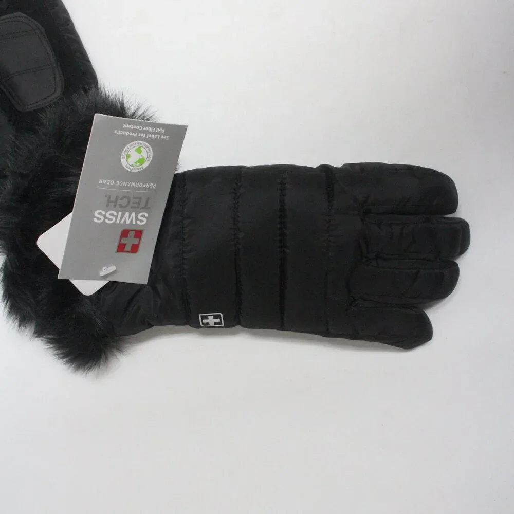 Girls Swiss Tech Quilted S-M Black Peakproof Waterproof Ski Glove Faux Fir Trim